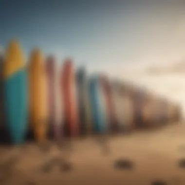 A vibrant display of various surfboards arranged on a sandy beach.