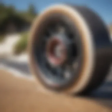 Close-up view of longboard wheels highlighting material and texture