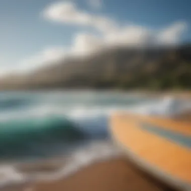 A surfboard against the backdrop of Maui's stunning coastline