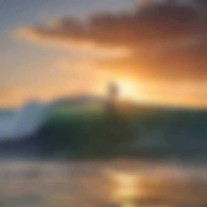 A stunning beach view at sunset with surfers riding waves