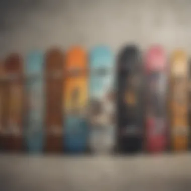 Various skateboard models lined up, displaying the diversity in design and performance