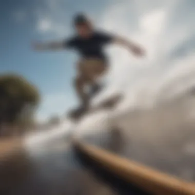 An action shot of a skateboarder performing tricks, illustrating the board's performance capabilities