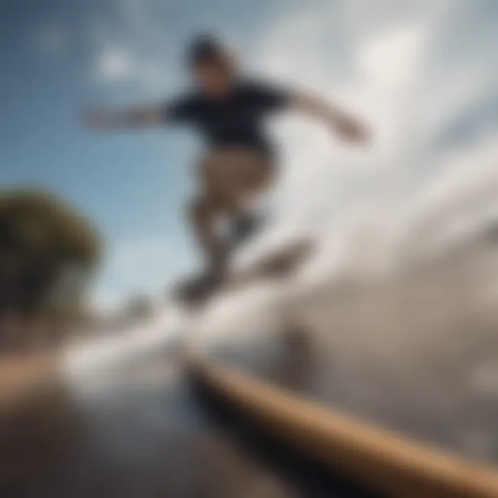 An action shot of a skateboarder performing tricks, illustrating the board's performance capabilities