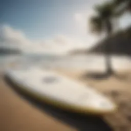 A surfboard resting on the beach, symbolizing the contrast between theory and practice in surfing culture.