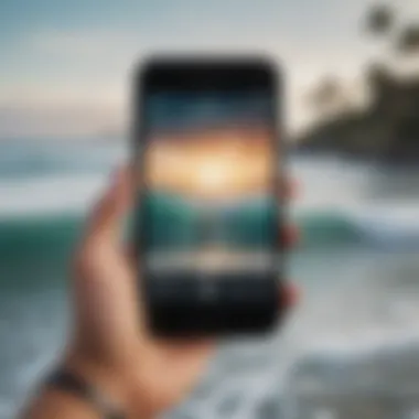 Social Media Influence in Surf Culture A smartphone displaying a surfing social media feed, illustrating the impact of social media on perceptions.