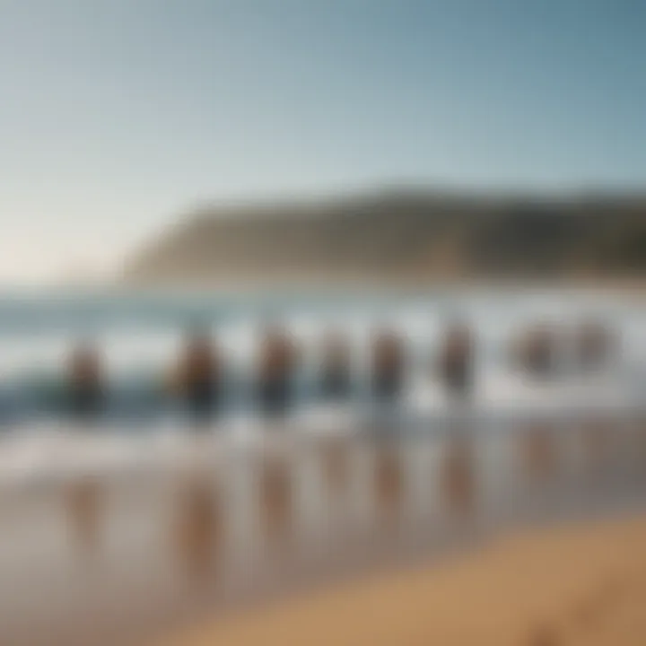 A group of surfers discussing on the beach, representing the community aspect of overcoming stereotypes.