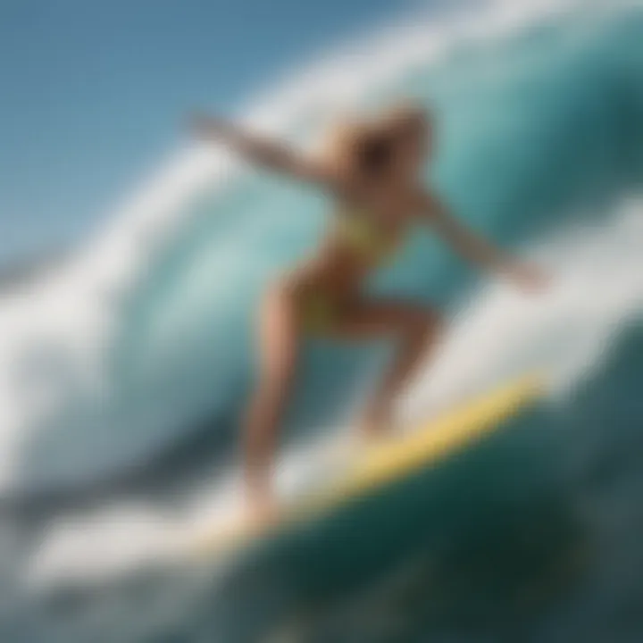 An athlete riding a wave while wearing a stylish yet functional bikini designed for surfing.