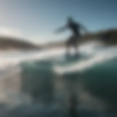 A scenic image depicting a motorized foil board in action on the water, highlighting the surfing experience