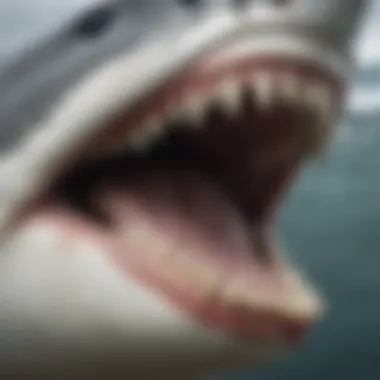 Close-up view of a great white shark's teeth and jaw