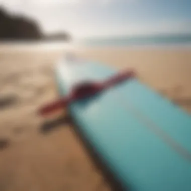 Close-up of surfboards ready for adventure on the sand