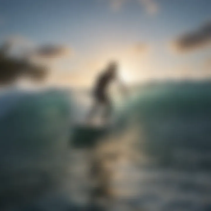 A surfer navigating the waves with illuminated surfboard lights for safety