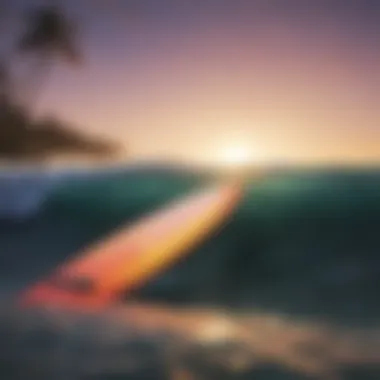 Vibrant Surfboard Lights at Dusk A surfboard equipped with LED lights showcasing vibrant colors at dusk