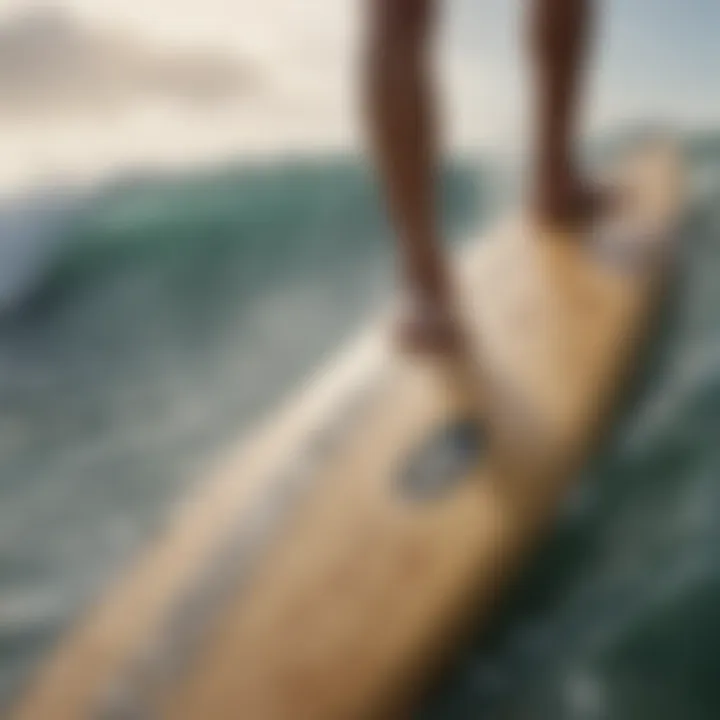 A close-up of a surfboard highlighting sustainable materials used in surfing