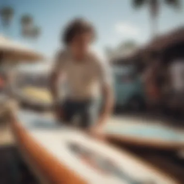 Surf enthusiast examining an old surfboard at a market