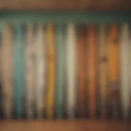 Vintage surfboard collection displayed on a wall