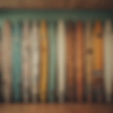 Vintage surfboard collection displayed on a wall