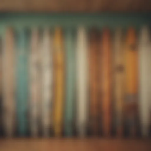 Vintage surfboard collection displayed on a wall