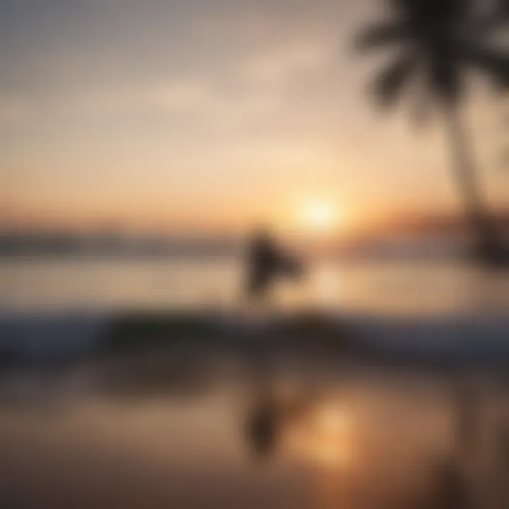 A breathtaking view of Tamarindo Beach with surfers riding the waves at sunset