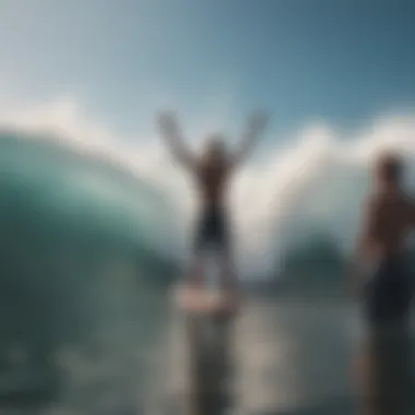 A vibrant beach scene with enthusiastic fans cheering for surfers