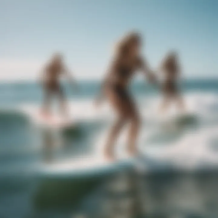 A diverse group of female surfers enjoying a sunny day at the beach.