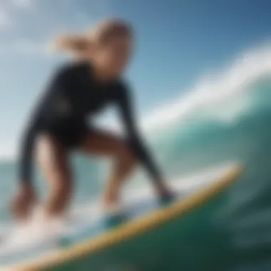 A modern female surfer demonstrating advanced techniques on a vibrant surfboard.