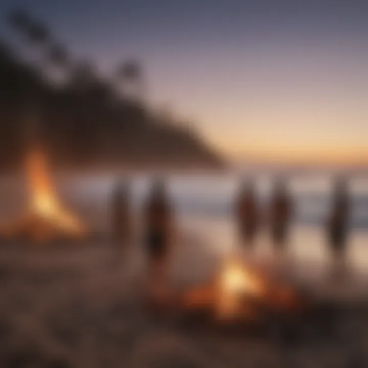 Surfers sharing stories and experiences around a beach bonfire