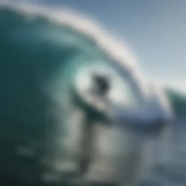 A surfer training on a practice machine with dynamic wave simulation.