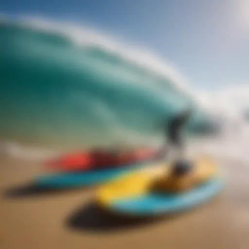 An array of colorful surfing toys arranged on a sandy beach