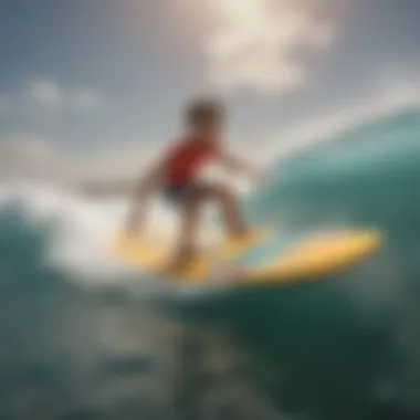 A child joyfully riding a wave on a surf toy