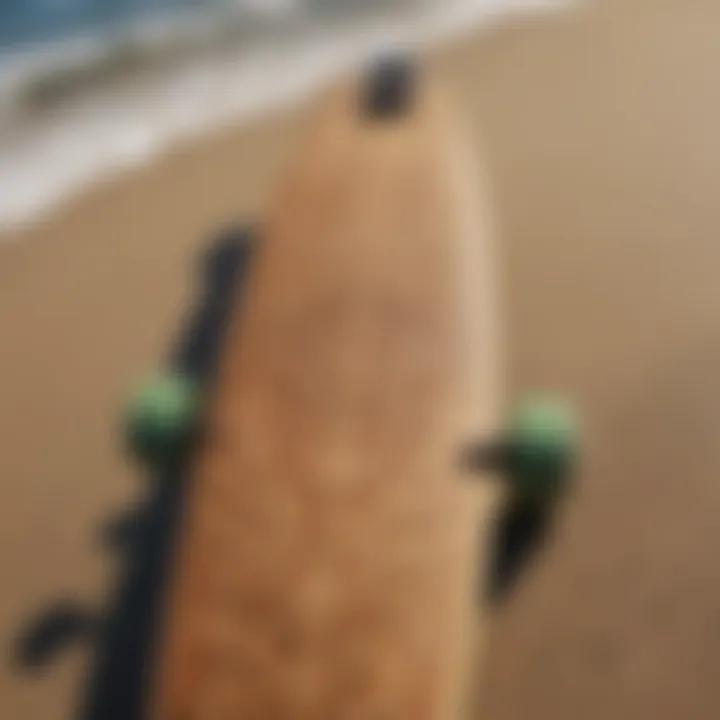 A close-up view of a longboard with intricate design details