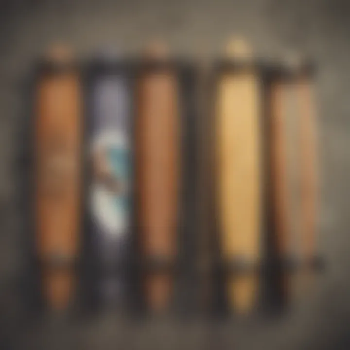 A collection of various longboards showcasing different designs and styles
