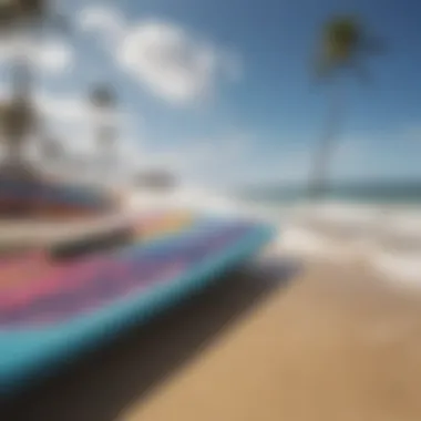 A vibrant beach scene showcasing various boogie board designs on the sand