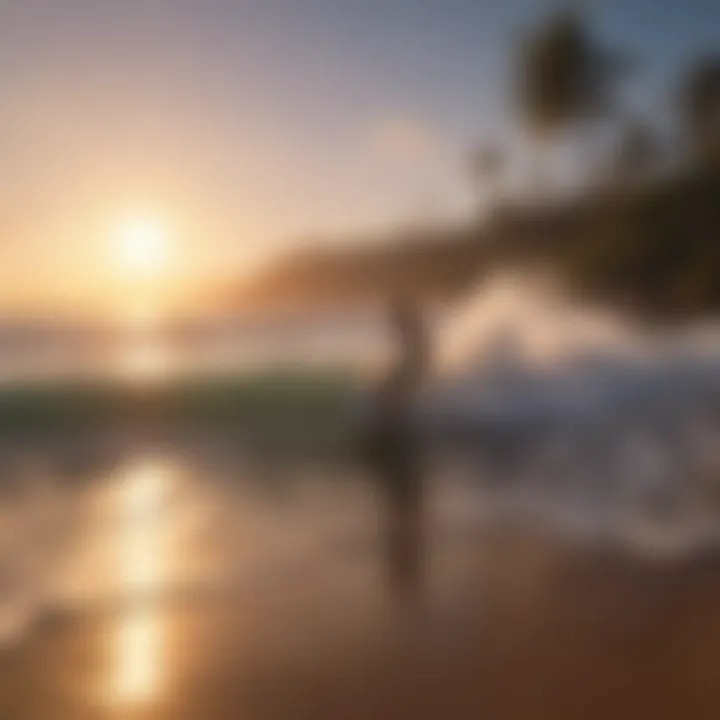 A serene beach at sunset with motorized surfers