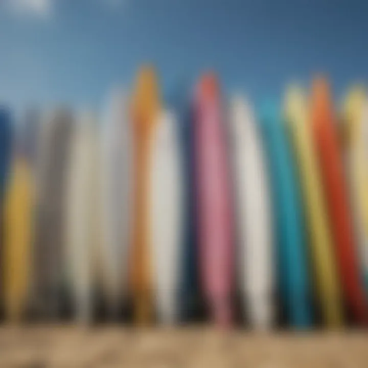 A collection of vibrant second hand surfboards lined up on the beach