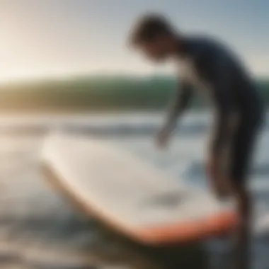 An individual inspecting a surfboard for quality and condition