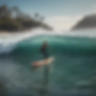 A scenic beach with surfers riding waves on eco-friendly boards