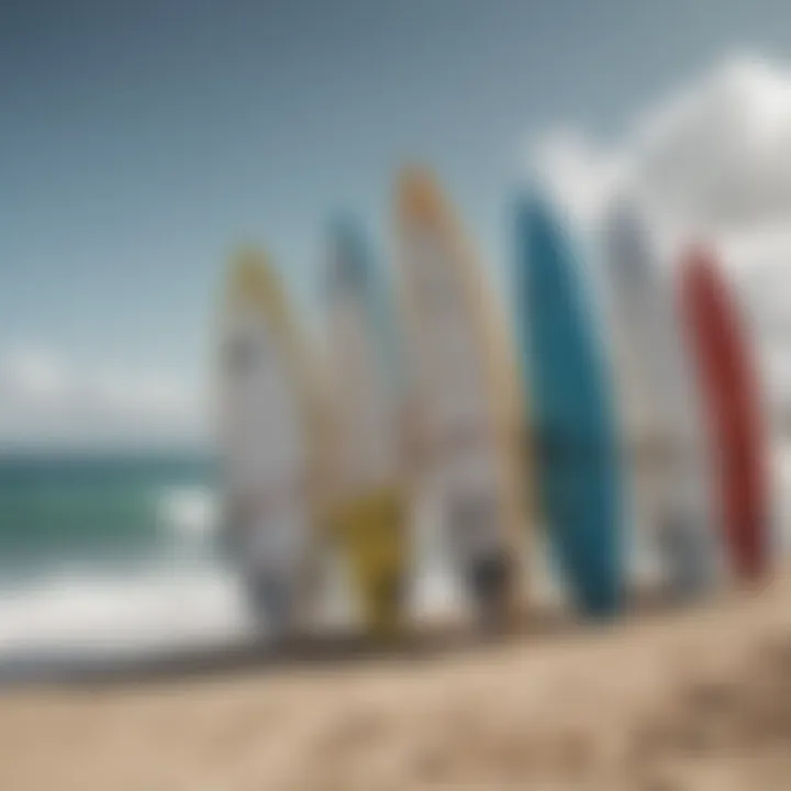 Different types of wind surf boards arranged to highlight their diverse shapes and sizes