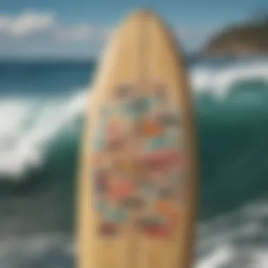 A close-up of a classic surfboard adorned with retro stickers and designs, symbolizing surf culture.