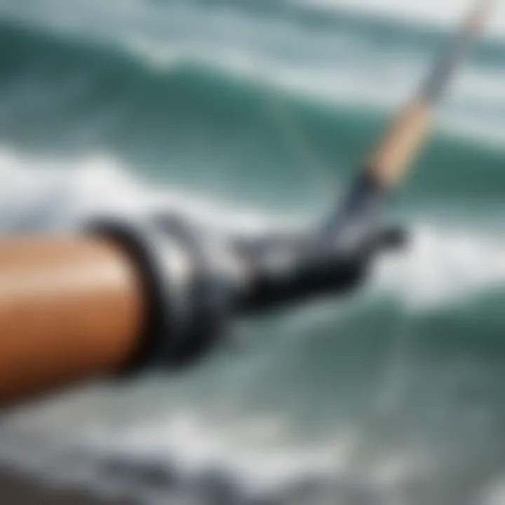 A detailed close-up of a surf fishing rod showcasing its components.