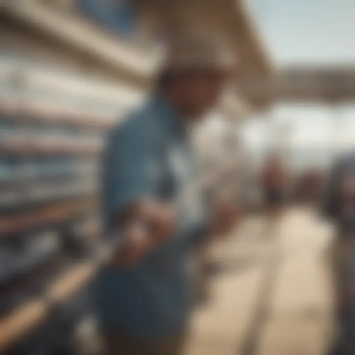 An individual examining a surf fishing rod in a retail environment.