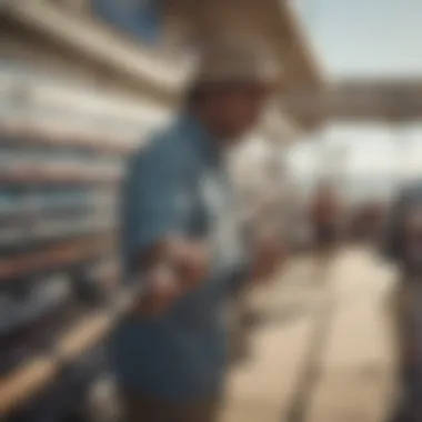 Evaluating Surf Fishing Rod Options An individual examining a surf fishing rod in a retail environment.
