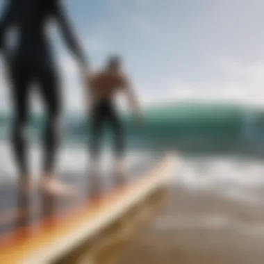 A surfer adjusting FCS fins on their surfboard at the beach