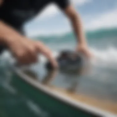 Close-up of handboard equipment showcasing its unique design.