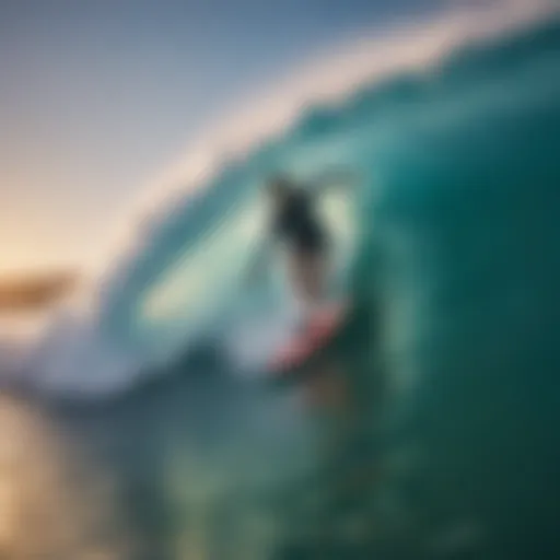 A dynamic scene of handboard surfing in a vibrant ocean setting.