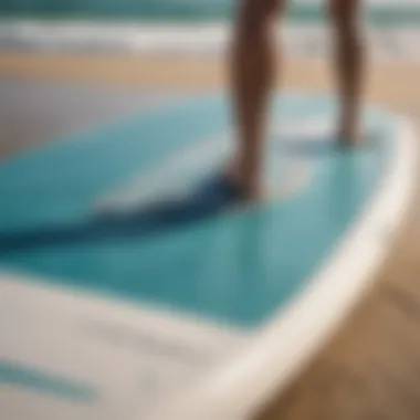 Close-up of SUP board dimensions being measured