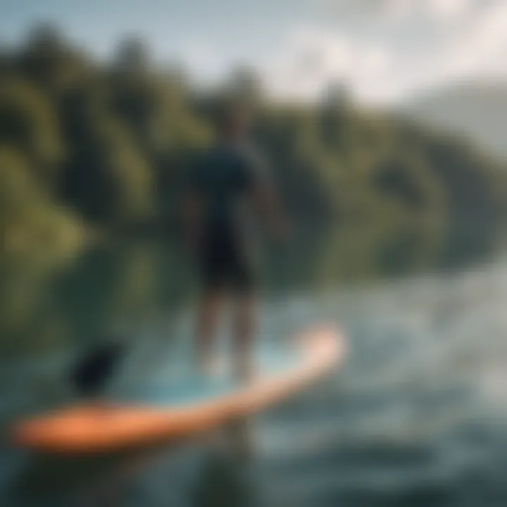 A calm lake with a paddler demonstrating stability on a SUP