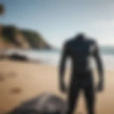 A serene beach setting with a variety of wetsuits displayed on the sand