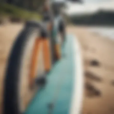 A close-up of a durable bike rack designed for surfboards