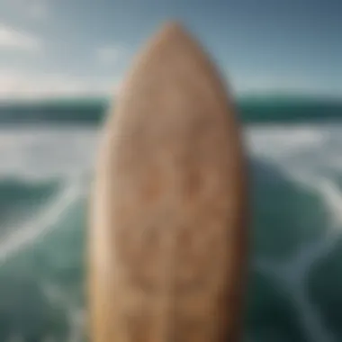 A close-up of a surfboard with intricate designs showcasing craftsmanship