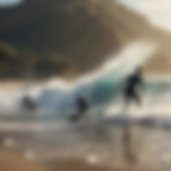 A group of surf instructors guiding students on the beach